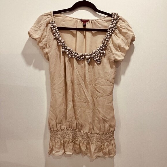 Ted Baker Silk Nude Pink Ruffle Puff Short Sleeve Semi Sheer Drop Waist Blouse - Picture 2 of 8